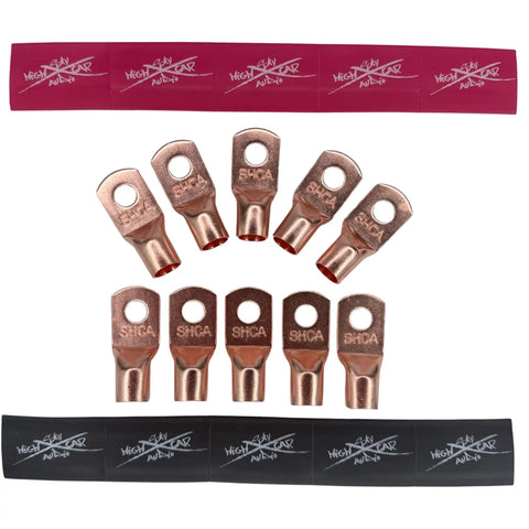 Pack Of Ten 1/0 Gauge Copper Ring Terminal Connectors With Red Black Heat Shrink Tubing 3/8 Inch Stud For Heavy Duty Car Audio Power Wiring That Will Keep Your Bass Rig Amped Up Daily, showing red and black insulation sleeves.