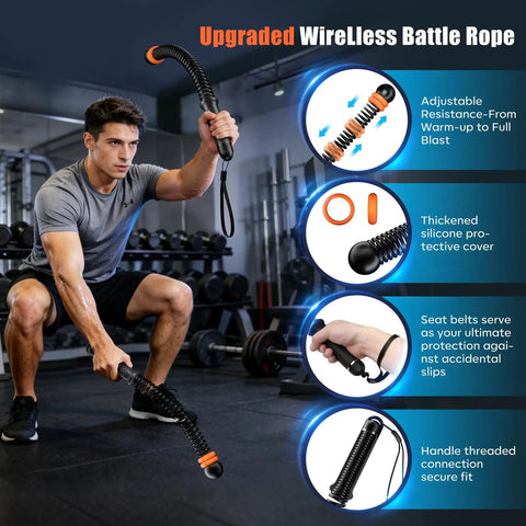 Man using Cordless Battle Rope With Adjustable Resistance Springs For Weighted Training At Home, portable gym gear in gym setting