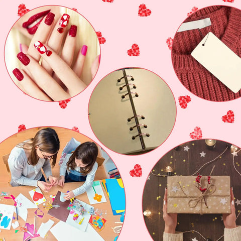 Five Pack Handheld Hole Punch Set With Metal Punches in circle heart star shapes for DIY crafts, greeting cards, and scrapbooks.