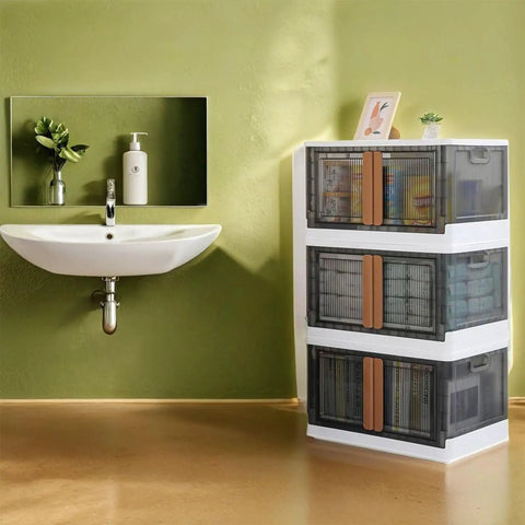 No Sweat Organizing With These Heavy Duty Plastic Storage Boxes With Lids, Built Tough 19 Gallon Collapsible Folding Bins For Closets And Garages Stackable Home Organization Crates 3 Pack in a bathroom setting.