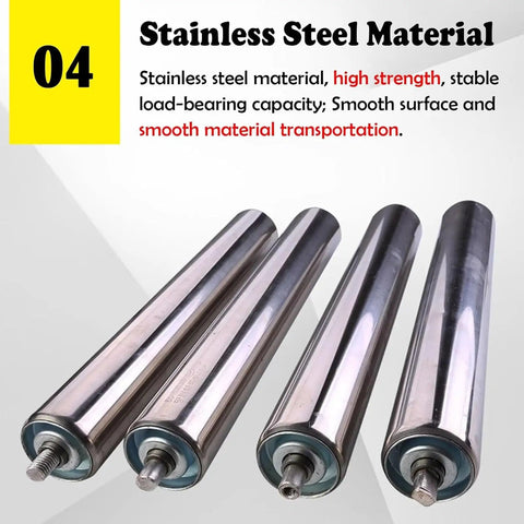 Non Powered Stainless Steel Conveyor Rollers That Glide Smoothly For Perfect Outfeed And Keep Materials From Slipping In Factories Or Warehouses 5 Pack Size 30 Cm Easy Install showing four stainless steel rollers.