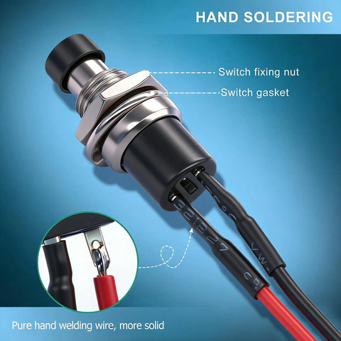 Momentary Push Button Switch 2 Pin SPST Normally Open Mini Round 7mm black button with pre-soldered wires close-up