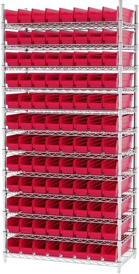 Heavy Duty Plastic Shelf Bins Stackable For Garage Closet And Drawer Organization In Red 18 Inch By 4 Inch By 4 Inch Durable Storage Containers