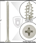 Rock Solid Satin Nickel Door Hinge Screws 9 By 3 Inch Heavy Duty Alloy Steel with sharp point and Phillips head.
