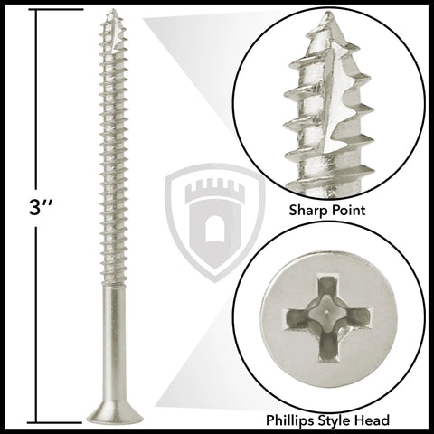 Rock Solid Satin Nickel Door Hinge Screws 9 By 3 Inch Heavy Duty Alloy Steel with sharp point and Phillips head.