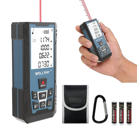 Pro Grade 500Ft Laser Measure Tool With One Sixteenth Inch Accuracy, IP54 Distance Meter For Area And Volume, Feet To Inches Units, Angle Sensor For DIY Home Indoor Projects, Long Battery Life, Blue in hand with case, carabiner and batteries