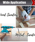 Man using palm sander for wood and table with sander for metal, illustrating 50 Piece 1/4 Sheet Sandpaper Set Pro Grade Grit 80 120 150 220 320 400 For Wood Metal Automotive Palm Sander And Hand Sanding Projects 4.5 Inch By 5.5 Inch Sheets