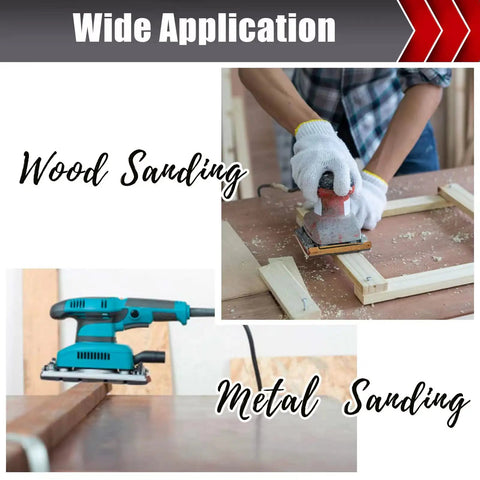Man using palm sander for wood and table with sander for metal, illustrating 50 Piece 1/4 Sheet Sandpaper Set Pro Grade Grit 80 120 150 220 320 400 For Wood Metal Automotive Palm Sander And Hand Sanding Projects 4.5 Inch By 5.5 Inch Sheets