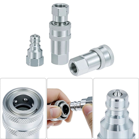QWORK hydraulic quick-connect couplers, 1/4 in NPT threads, hardened steel with dust caps, 2-set kit