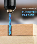 Extra Long Spiral Upcut Router Bit With One Quarter Inch Shank And One Quarter Inch Cutting Diameter, Four Inch Overall Length And Two Inch Cutting Length, Solid Carbide CNC Bit With Nano Blue Coating For Woodworking Mortises Slots And Trim drilling into wood.