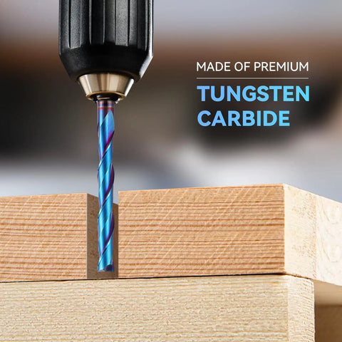 Extra Long Spiral Upcut Router Bit With One Quarter Inch Shank And One Quarter Inch Cutting Diameter, Four Inch Overall Length And Two Inch Cutting Length, Solid Carbide CNC Bit With Nano Blue Coating For Woodworking Mortises Slots And Trim drilling into wood.