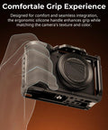 Pro Grade Camera Cage For Canon PowerShot V1 With Ergonomic Silicone Grip And Arca Swiss Quick Release Plate shown in hand