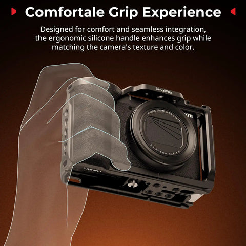 Pro Grade Camera Cage For Canon PowerShot V1 With Ergonomic Silicone Grip And Arca Swiss Quick Release Plate shown in hand