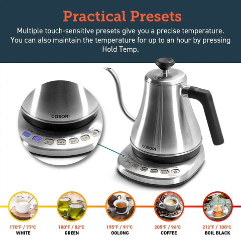 Cosori Gooseneck Electric Kettle 0.8 Liters Silver Precision Pour Over Coffee And Tea Maker with temperature presets.