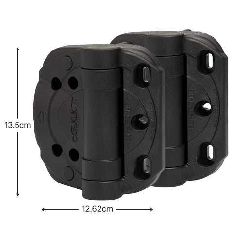 Heavy Duty Self Closing Gate Hinges With Adjustable Tension Springs For Square Post Vinyl PVC And Wood Pool Safety Hinge Built To Last With Swing Close 185 Pound Rating SHC135 Black Safetech, front view with measurements