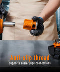 Person using Heavy Duty Ratchet Pipe Threader Kit With Six NPT Dies One Quarter Inch Three Eighths Inch One Half Inch Three Quarters Inch One Inch And One And A Quarter Inch Threading Dies Durable 9SiCr Steel Tool For Galvanized Iron Copper And Aluminum Pipes on a table, focusing on anti-slip thread feature.
