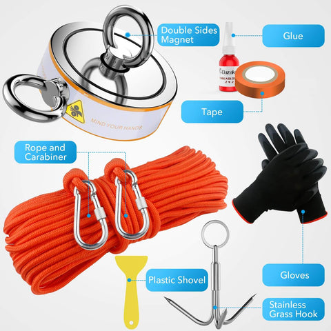 Double Sided Magnetic Fishing Kit With Beast 2600 Lb Pull, 100 Ft Rope, Case, Non Slip Glove, Threadlocker, Grappling Hook And Carrying Bag For Treasure Hunting And Metal Detecting Adventures showing magnet, rope, gloves