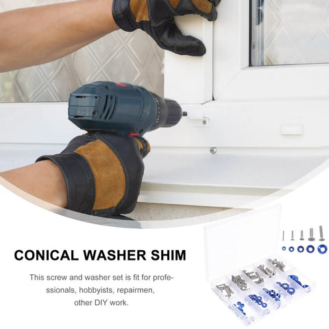 Person using drill with Alloy Countersunk Washer Kit With Handy Storage Box, Colorful Counterbore Washers And Machine Screw Gaskets.