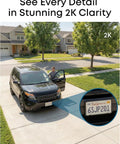 Wireless Solar Outdoor Security Camera With 2K HD Video And 360 Pan Tilt AI Auto Tracking showing detailed view of car and license plate.