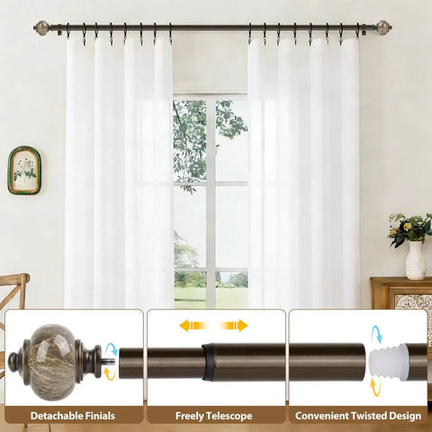 One Inch Curtain Rods With Bronze Finish For Windows Adjustable From 72 To 144 Inches Heavy Duty Telescoping Drapery Rods With Marbled Finials Built To Last Rust Resistant Easy Install And No Sag Support shown with white curtains and marbled finials detail