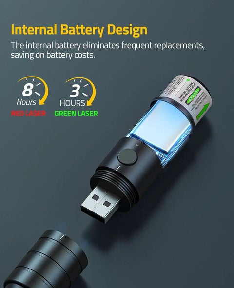 Rechargeable Green Laser Bore Sight Kit With 32 Adapters internal battery design and USB charging port.