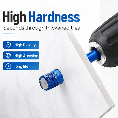 Top Rated 10 Pc Diamond Hole Saw Kit With Serrated Brazed Cutting Bits, Triangle Shank Guide Jig And Bag For Drilling Ceramic Tile Glass Granite Porcelain Smoothly Dry Or Wet Installation Projects, blue bit on drill