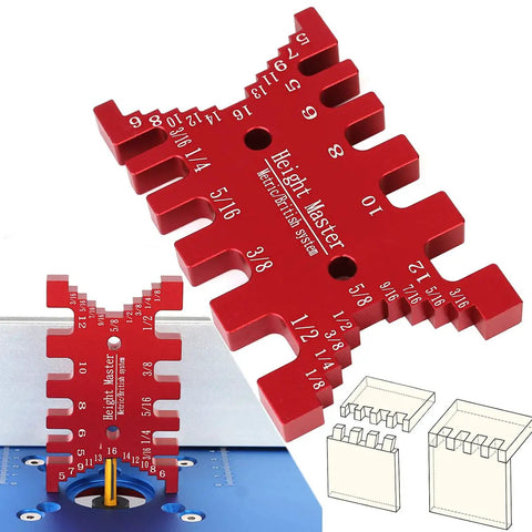 Heavy Duty Aluminum Dovetail Jig And Tenon Caliper Card Gauge For Woodworking Projects showing dual scale measurements on a red gauge.