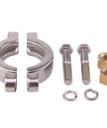 Front view of stainless steel 1.5-inch sanitary tri-clamp clamp kit with bolts, nuts, and retaining rings.