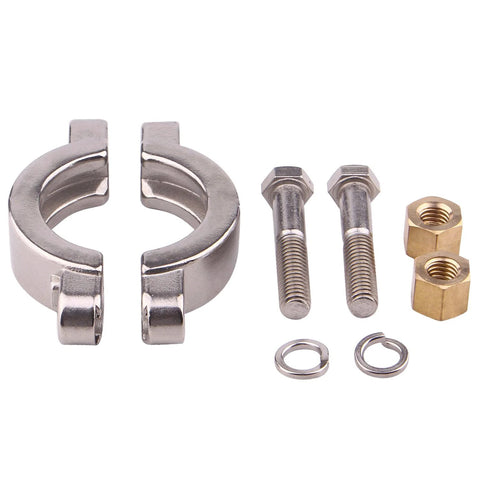 Front view of stainless steel 1.5-inch sanitary tri-clamp clamp kit with bolts, nuts, and retaining rings.