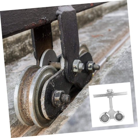 Heavy Duty Industrial Door Track Rollers With Steel Wheels And Bearings For Sliding Doors Cabinets And Closets Durable Door Pulley And Track Guide For Wood Door Tracks High Load Capacity Smooth Quiet Glide in use on a rail track system.