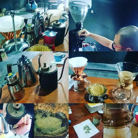Cafe setup with various coffee makers, filters, including Sturdy 1 To 4 Cup Coffee Basket Filters Biodegradable Unbleached Natural Brown Paper.