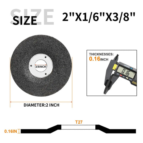 2 Inch Die Grinder Wheel Set, Fifteen Piece T27 Aluminum Oxide Grinding Discs with dimensions and thickness shown