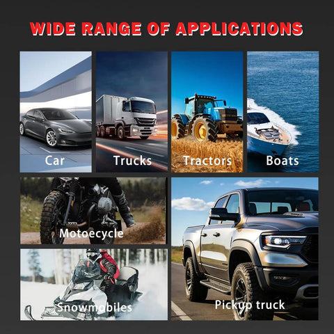Solary SD101 smoke leak tester kit collage showing car, trucks, tractors, boats, motorcycles, snowmobiles, pickup.