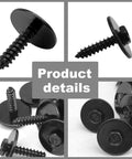 Thirty Piece Heavy Duty Hex Head Self Tapping Screws M4.2 X 20mm Black Phosphate Finish With Seven Mm Hex Drive Rigged Right Automotive Hardware for dash panels, showing various angles and details.