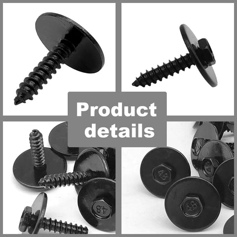 Thirty Piece Heavy Duty Hex Head Self Tapping Screws M4.2 X 20mm Black Phosphate Finish With Seven Mm Hex Drive Rigged Right Automotive Hardware for dash panels, showing various angles and details.