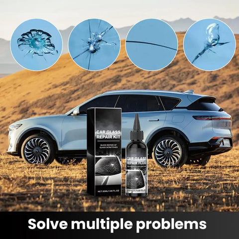 Windshield Repair Kit for DIY Fixes, Professional Auto Glass Repair Fluid with Tools, car and box displayed outdoors