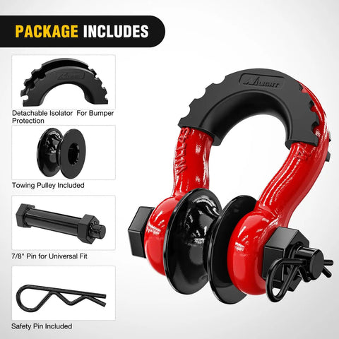 Three Quarters Inch D Ring Shackle With Snatch Block Recovery Set for Off Road Vehicles Two In One Heavy Duty Pulley And D Ring Mountable At Recovery Points For Easy Access Safe Quick Vehicle Recovery, red and black
