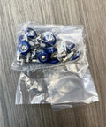 Heavy Duty Silent Curtain Track Gliders 20 Piece Pack with blue metal pulleys in a transparent bag on wooden surface.