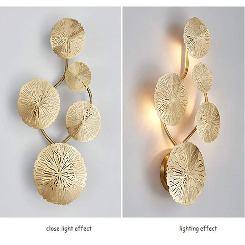 Five Head Gold Lotus Leaf LED Indoor Wall Light Fixture, Stainless Steel Modern Wall Lamp in lighting and non-lighting mode