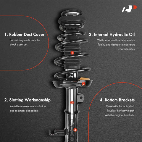 Front And Rear Complete Struts With Coil Spring Assembly For Honda Civic 2006 2011 And Acura CSX 2006 2011 Replacement Suspension Shock Absorber Kit showing features like rubber dust cover, internal hydraulic oil, and bottom brackets.
