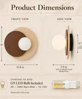 Travertine Wall Sconce Hardwired Glass Globe Wood Modern Japandi Wabi Sabi dimensions front and side views with measurements.