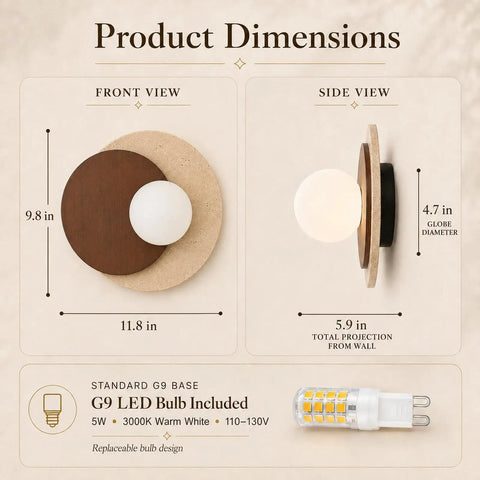 Travertine Wall Sconce Hardwired Glass Globe Wood Modern Japandi Wabi Sabi dimensions front and side views with measurements.