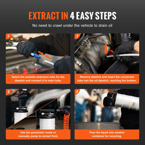 Heavy Duty 6.5 Liter Oil Extractor Pump Featuring Pneumatic And Manual Modes To Drain Motor Fluids Fast On The Shop Floor in four easy steps.