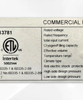 Label of Straight Up Tough Commercial Reach In Two Door Freezer with specs like voltage and effective volume of 41.9 ft³.