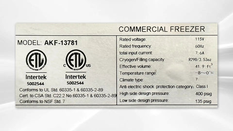 Label of Straight Up Tough Commercial Reach In Two Door Freezer with specs like voltage and effective volume of 41.9 ft³.