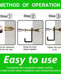Steps to install the Self Drilling Drywall Anchors Kit With Zinc Screws, 200 Piece Set, shows no drill and easy wall mounting process.
