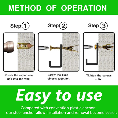Steps to install the Self Drilling Drywall Anchors Kit With Zinc Screws, 200 Piece Set, shows no drill and easy wall mounting process.