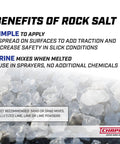 Benefits of rock salt text with image of ice melt crystals for Walk Behind Rock Salt And Ice Melt Spreader With 100 Pound Poly Hopper.