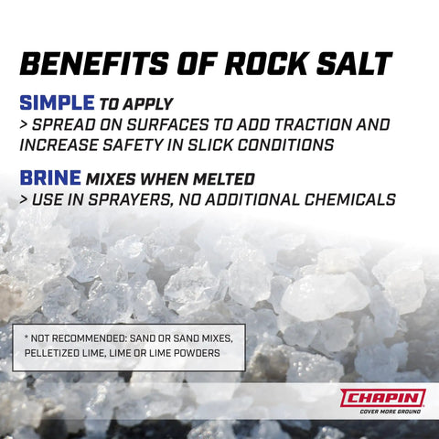 Benefits of rock salt text with image of ice melt crystals for Walk Behind Rock Salt And Ice Melt Spreader With 100 Pound Poly Hopper.