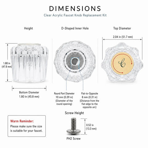 Upgrade Your Bath With This 2 Pack Clear Acrylic Faucet Knob Replacement Kit That Slaps Perfectly On Delta Delex Peerless And Ldr Two Handle Tub Or Sink Fixtures Featuring Screws And A Pry Tool For Easy Swapping. Clear acrylic faucet knob dimensions diagram with screw size